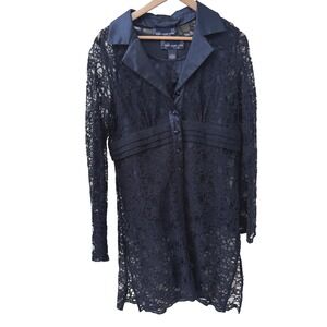 Susan Graver Lace Cardigan Tank Set Medium Navy Blue Satin Trim 2pc NWT